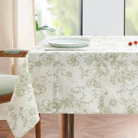 Linen Table Cloth Olive Green Floral Toile on Beige 53 x 69 Rectangle Tablecloth - Picture 5 of 9